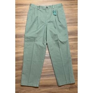 LL Bean Natural Fit Pleated Chino Pants Olive Green Wrinkle Resistant Sz 34x30
